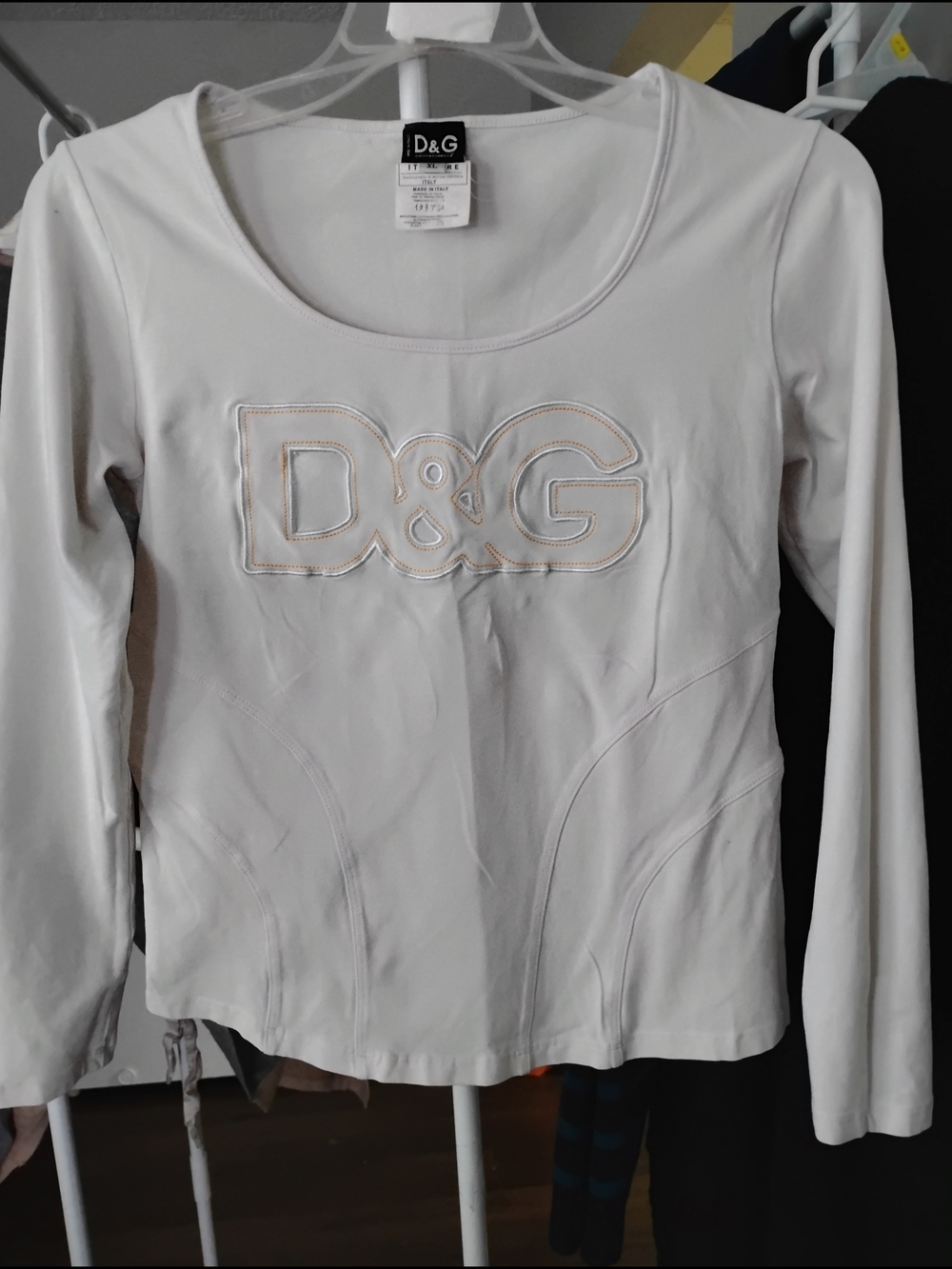 D&G Vintage Stitched Logo White Long-Sleeve Stretch Scoop Neck Logo T Shirt Top